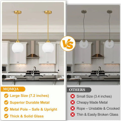 Comparison image of Two Pack Brushed Gold Globe Pendant Lights With Mid Century Modern Vibes And Smooth Opal Glass Shades.