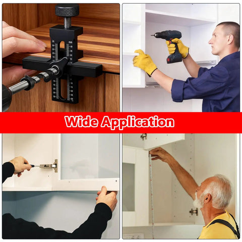 2-In-1 Cabinet Door Installation Jig Kit With Adjustable Metal Mounting Jig in use for cabinet door alignment and drilling.