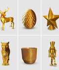 Gold metallic silk PLA 3D-printed figurines and objects: deer, textured egg, star, tiger statue, ribbed cup, nutcracker