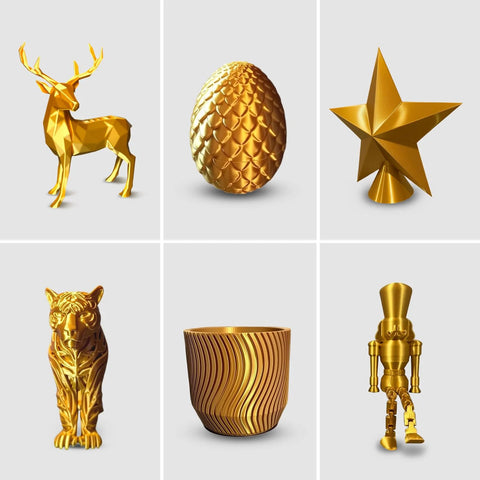 Gold metallic silk PLA 3D-printed figurines and objects: deer, textured egg, star, tiger statue, ribbed cup, nutcracker
