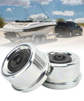 2.44 Inch OD Trailer Axle Dust Cap Kit With Two Rubber Plugs And Bearing Grease Caps For Boat Trailer Wheel Hub 5200 And 6000 Lb Axles Heavy Duty Galvanized Steel Rust Resistant Seals, on a boat trailer background.