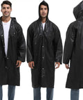 Three views of Two Pack Reusable Rain Ponchos For Adults With Hoods And Sleeves In Black Perfect For Emergency Prep And Everyday Weather