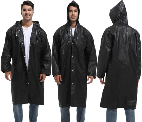 Three views of Two Pack Reusable Rain Ponchos For Adults With Hoods And Sleeves In Black Perfect For Emergency Prep And Everyday Weather