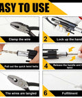 Step-by-step guide showing Reversible Safety Wire Twister Pliers For Aircraft And Auto Work Left And Right Twist Tool in use
