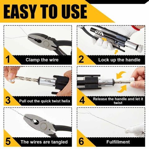 Step-by-step guide showing Reversible Safety Wire Twister Pliers For Aircraft And Auto Work Left And Right Twist Tool in use