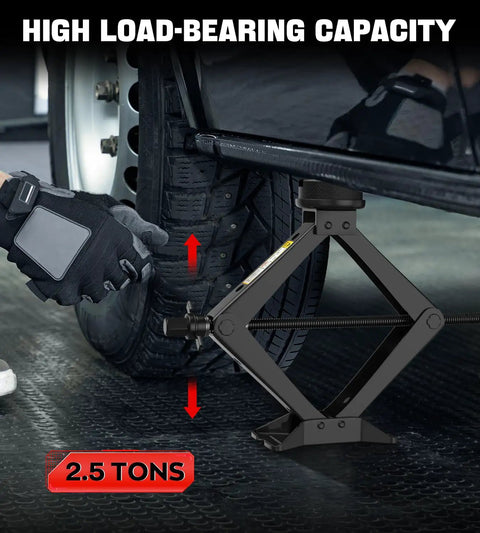 Heavy Duty 2.5 Ton Scissor Car Jack Kit With Tesla And Universal Pads built tough under car tire showing lifting action.