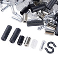 80 Piece Bike Cable End Cap Kit with brass end caps, O rings, S hooks, and housing caps for shifter and brake cables, laid out on white background.