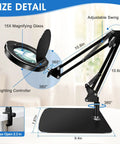 15X HD Magnifying Glass With Light For Crafts And Reading featuring adjustable swing arm desk lamp in black with size details