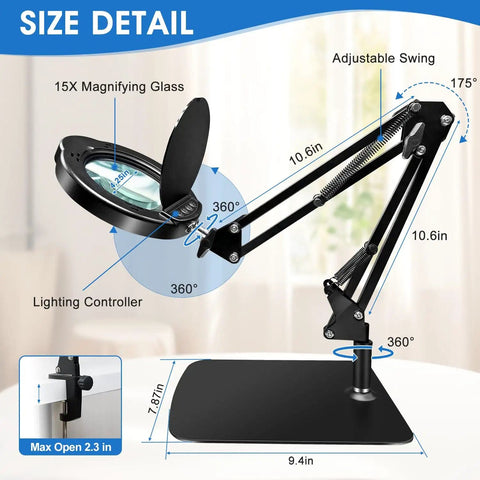 15X HD Magnifying Glass With Light For Crafts And Reading featuring adjustable swing arm desk lamp in black with size details