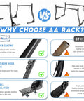 Heavy Duty Extending Steel Truck Bed Ladder Rack With Dual Kayak J Cradles And No Drill Z Clamps comparison with features highlighted.