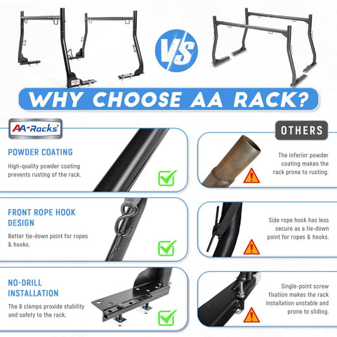 Heavy Duty Extending Steel Truck Bed Ladder Rack With Dual Kayak J Cradles And No Drill Z Clamps comparison with features highlighted.