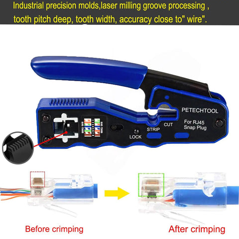 Pass Through Crimp Tool For Cat5e Cat6 Cat6a Ethernet 8P8C Modular Connectors with ergonomic grip, before and after crimping.