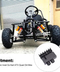 Front view of a go kart with suspension, highlighting Go Kart Chain Breaker Tool 219 Deluxe Chain Cutter for Kart Racing in inset.