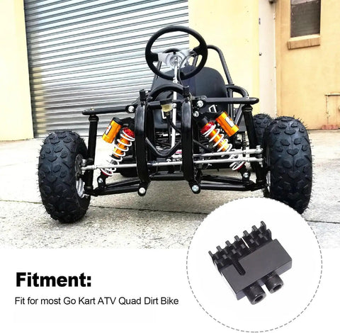 Front view of a go kart with suspension, highlighting Go Kart Chain Breaker Tool 219 Deluxe Chain Cutter for Kart Racing in inset.