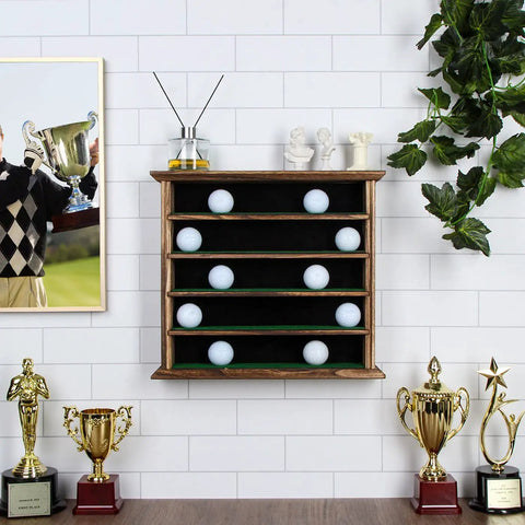 Rustic Wood Golf Ball Display Cabinet Wall Rack 5 Tier Shelf No Door Holder for Collectible Balls and Trophies Wall Mount Golf Display Case