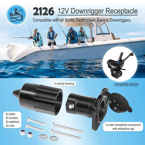 Close-up view of 12V Downrigger Receptacle With Waterproof Cap For Scotty Depthpower Electric Downriggers Replacement Socket 2126