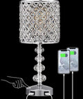 Crystal Bedside Lamp With Touch Control In Silver, 3-Way Dimmable Glam Table Light, USB ports charging phones, hand touching base