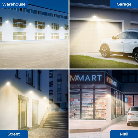 Dusk To Dawn 26W LED Wall Pack Lights illuminating a warehouse, garage, street, and mall, demonstrating versatile outdoor security lighting.