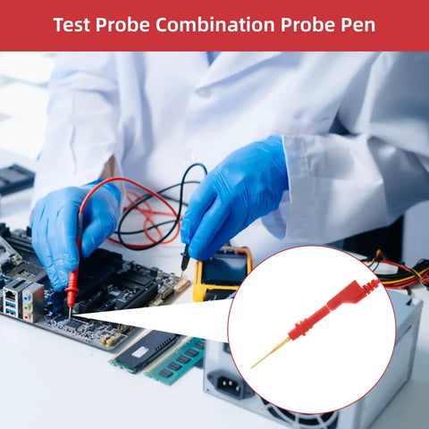 Engineer using 30Pcs Silicone Banana Plug Test Leads Kit with Stackable 4mm Plugs for multimeter diagnostics on circuit board.