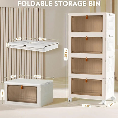 Four Tier Stackable Plastic Storage Bins With Lids And Wheels Folding Storage Boxes 92 Qt Total Capacity shown with dimensions