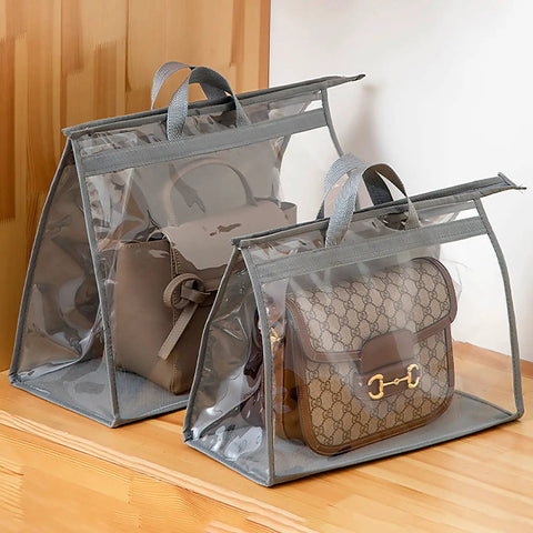 Clear Dustproof Handbag Storage Organizer For Closet with two purses visible inside transparent protective pouches.