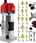 Compact Palm Wood Router Kit 110V 800W Electric Hand Trimmer with clear base, 15 router bits, gloves, and accessories for woodworking