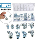 110 Pc Grease Nipple Set M6 M8 M10 Conical Straight Angled Zerk Fittings For Machinery And Vehicles, shown in a box with separate compartments.