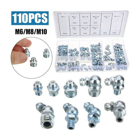110 Pc Grease Nipple Set M6 M8 M10 Conical Straight Angled Zerk Fittings For Machinery And Vehicles, shown in a box with separate compartments.