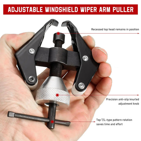 Person holding the Windshield Wiper Arm Removal Tool Kit Pro Grade Beefed Up Heavy Duty Battery Terminal Puller And Windscreen Arm Bearing Remover Adjustable Wiper Arms for Cars Trucks SUVs Repair Tools.