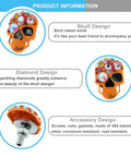 Front and side view of Dope Skull License Plate Screws Kit With Sparkling Diamond Inlays Orange Finish, Stainless Steel And Aluminum Alloy Bolts.