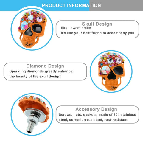 Front and side view of Dope Skull License Plate Screws Kit With Sparkling Diamond Inlays Orange Finish, Stainless Steel And Aluminum Alloy Bolts.