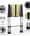 Diagram of Telescoping Ladder 12.5 Foot Aluminum Extension Ladder With Independent Locking Mechanism showing features and safety details.