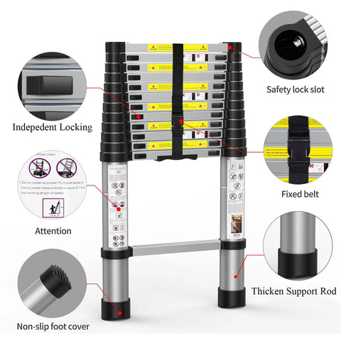 Diagram of Telescoping Ladder 12.5 Foot Aluminum Extension Ladder With Independent Locking Mechanism showing features and safety details.