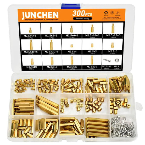 Rock Solid M2.5 Hex Brass Standoff Spacers Nuts Screws Kit 300 Pcs organized in transparent case with various sizes for motherboard builds.