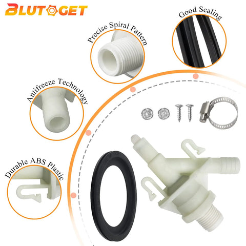 Blutoget RV toilet valve kit with flush ball seal; white plastic valve body and black O-ring