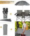 Double Folding Camping Chair With Umbrella And Fold Up Table Beverage Holder Cooler Bag Go To Outdoor Chairs Grey setup
