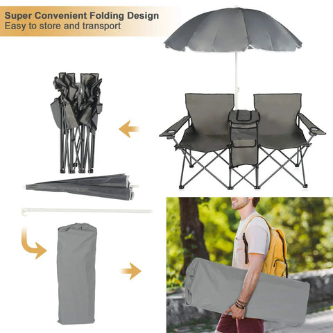 Double Folding Camping Chair With Umbrella And Fold Up Table Beverage Holder Cooler Bag Go To Outdoor Chairs Grey setup