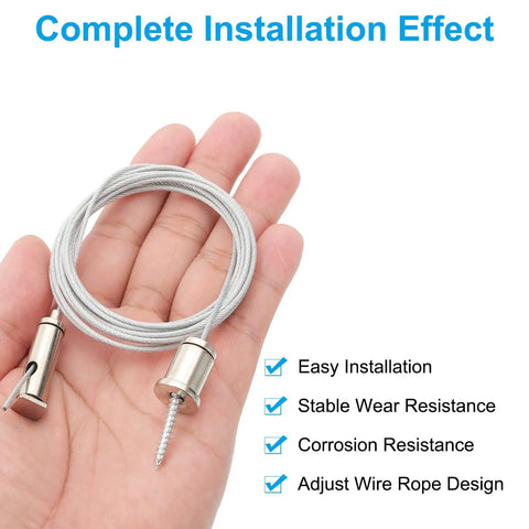 Ceiling Hanging Wire Cable Kit 4 Pack With 2m Adjustable Suspension Cables held in hand, showing chrome nickel finish.