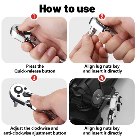 How to use Four Piece Inch Drive Ratchet Set With Flexible Head And Quick Release; steps for adjusting and releasing wrench.