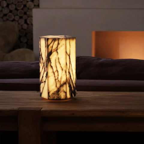 Real Marble Hexagon Table Lamp with Tri Color Dimmable LED on wooden table against dark background