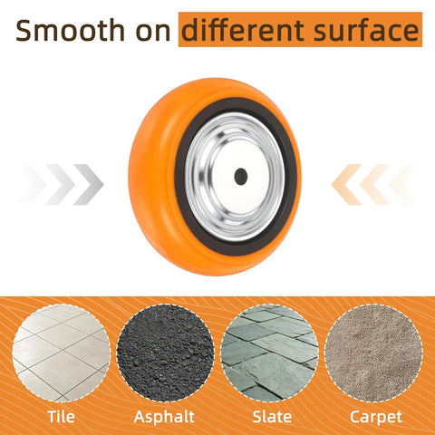 Heavy Duty 6 Inch Caster Wheels Replacement Kit featuring smooth orange polyurethane wheel for various surfaces like tile and carpet.