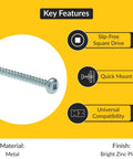 Top Shelf Square Drive Pan Head Sheet Metal Screws 6 X 1/2 Inch Self Tapping Fasteners Bright Zinc Plated close-up showing slip-free design.