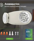 Close-up of 6 Pack Hardwired LED Emergency Lights With Battery Backup, Two Adjustable Heads, Commercial Exit Lighting Fixtures For Biz.