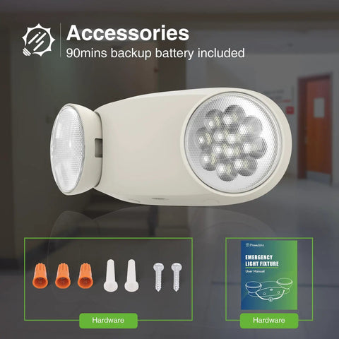 Close-up of 6 Pack Hardwired LED Emergency Lights With Battery Backup, Two Adjustable Heads, Commercial Exit Lighting Fixtures For Biz.