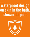 Text 'Waterproof design on skin in the bath, shower or pool' highlighting the waterproof feature of cushioned foam bandages.