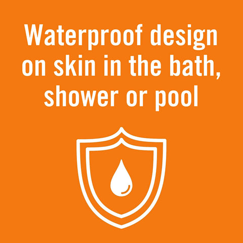 Text 'Waterproof design on skin in the bath, shower or pool' highlighting the waterproof feature of cushioned foam bandages.