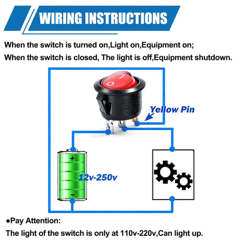 Lighted Round Rocker Switch For Household Appliances, 110 120V AC, SPST On Off, 3 Pin, Red Indicator Light, Built Tough 6A At 250V 10A At 125V, Durable Nylon PA66 Body, Illuminated Boat Toggle Power Switch wiring diagram with yellow pin and 12v-250v