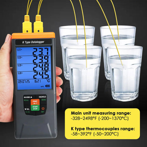 4 Channel Digital K Type Thermocouple Data Logger measuring temperature in glasses display