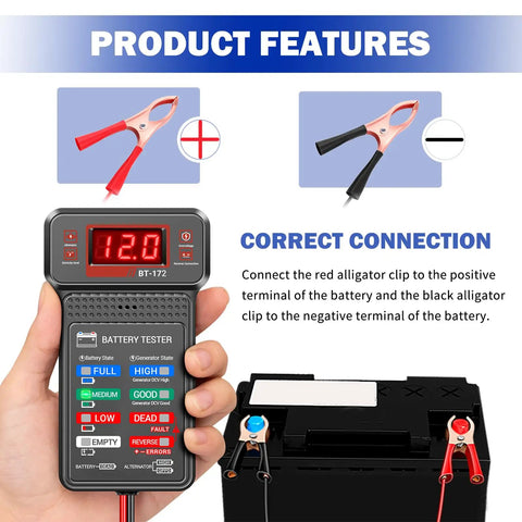 Must Have 12V Battery Tester With LCD Display And LED Lights Quick Load Test For Auto Batteries Universal Car Battery And Alternator Checker Handy 12V Vehicle Diagnostic Tool showing correct clip connection