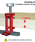 2 In 1 Cabinet Door Mounting Jig For Frameless Cabinets, Adjustable Aluminum Alloy Hardware Jig showing clamping range 7-40mm